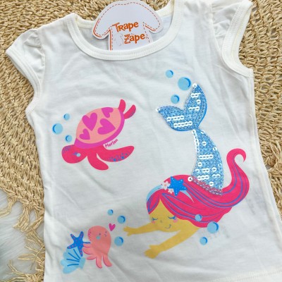 Conj Blusa Fundo do Mar Sereia e Short Pink
